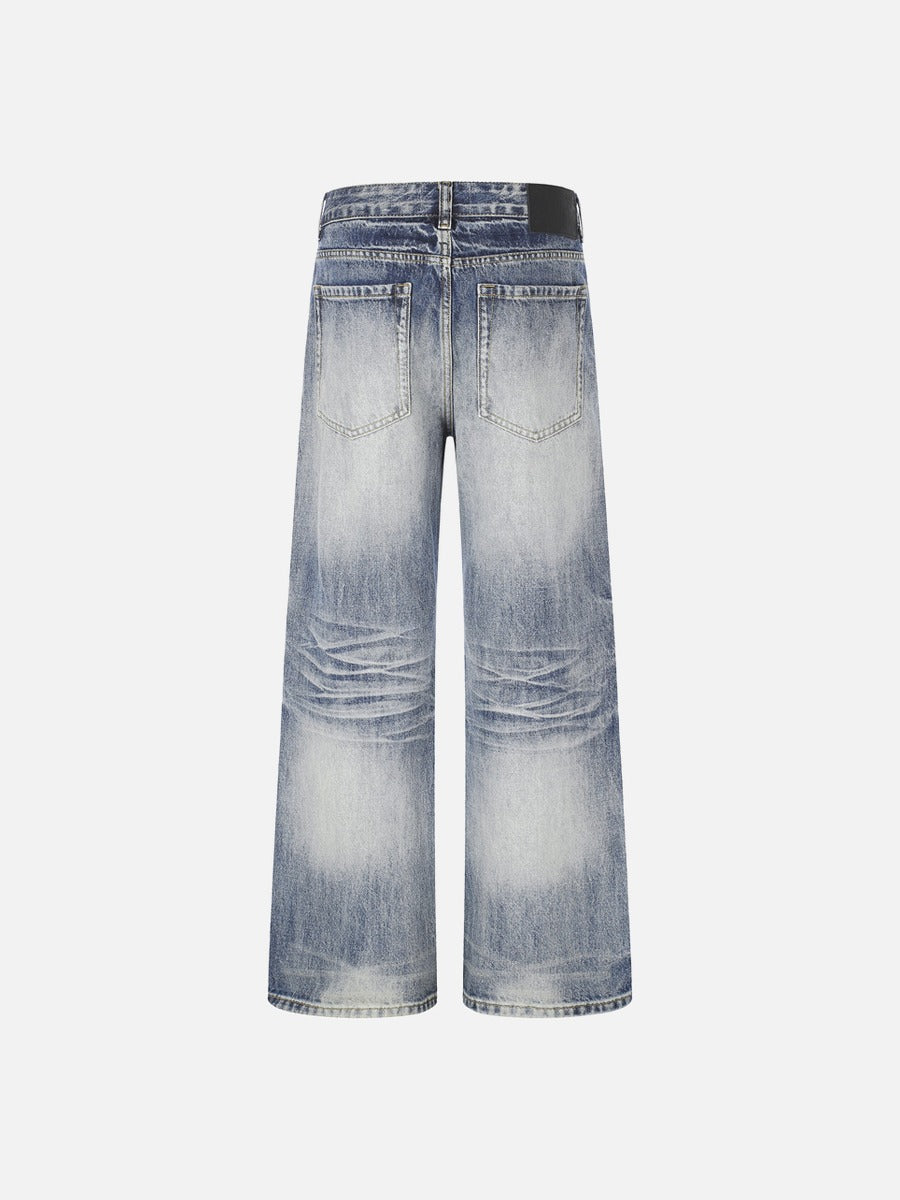 Retro Blue Distressed Wide-Leg Denim Jeans