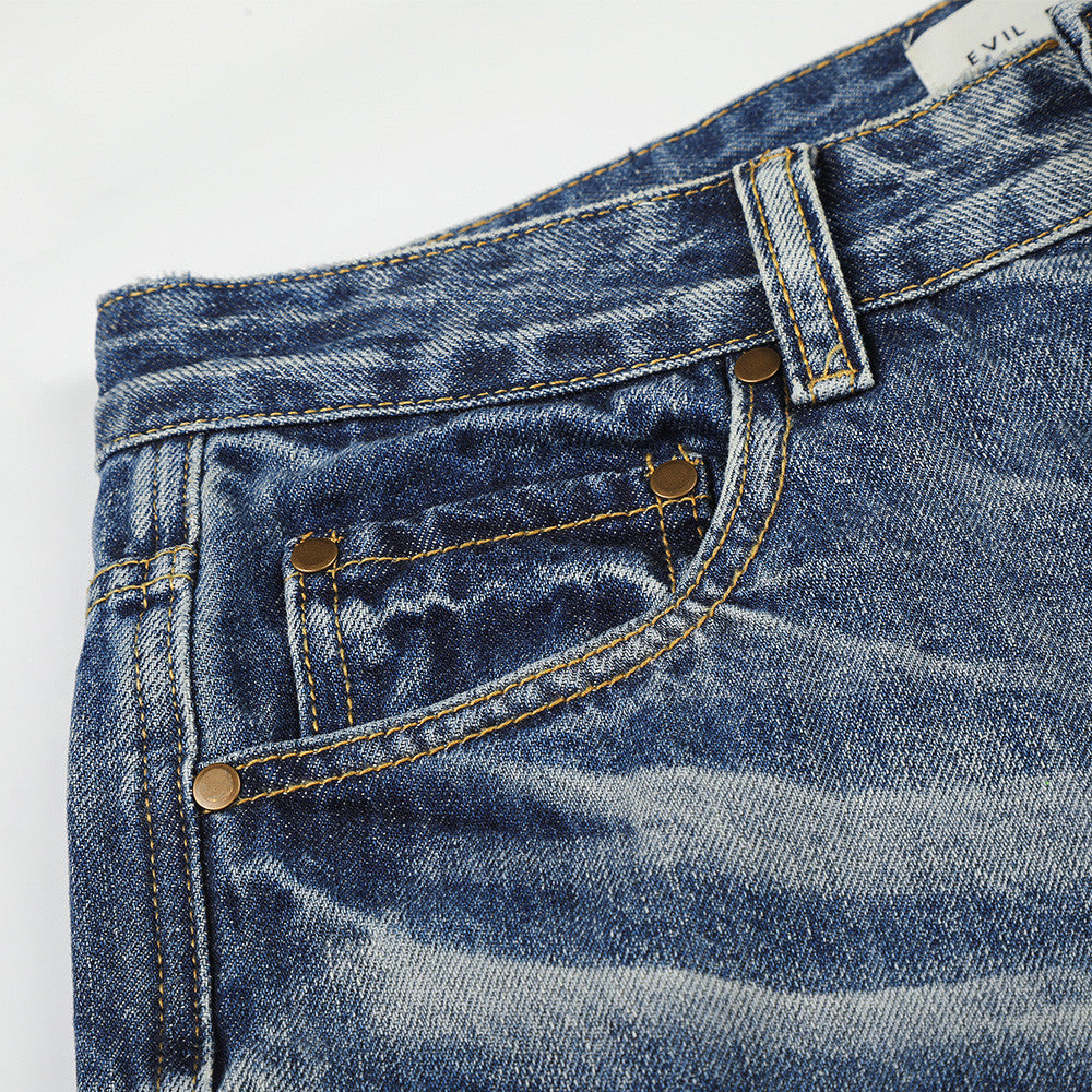 Retro Blue Distressed Wide-Leg Denim Jeans