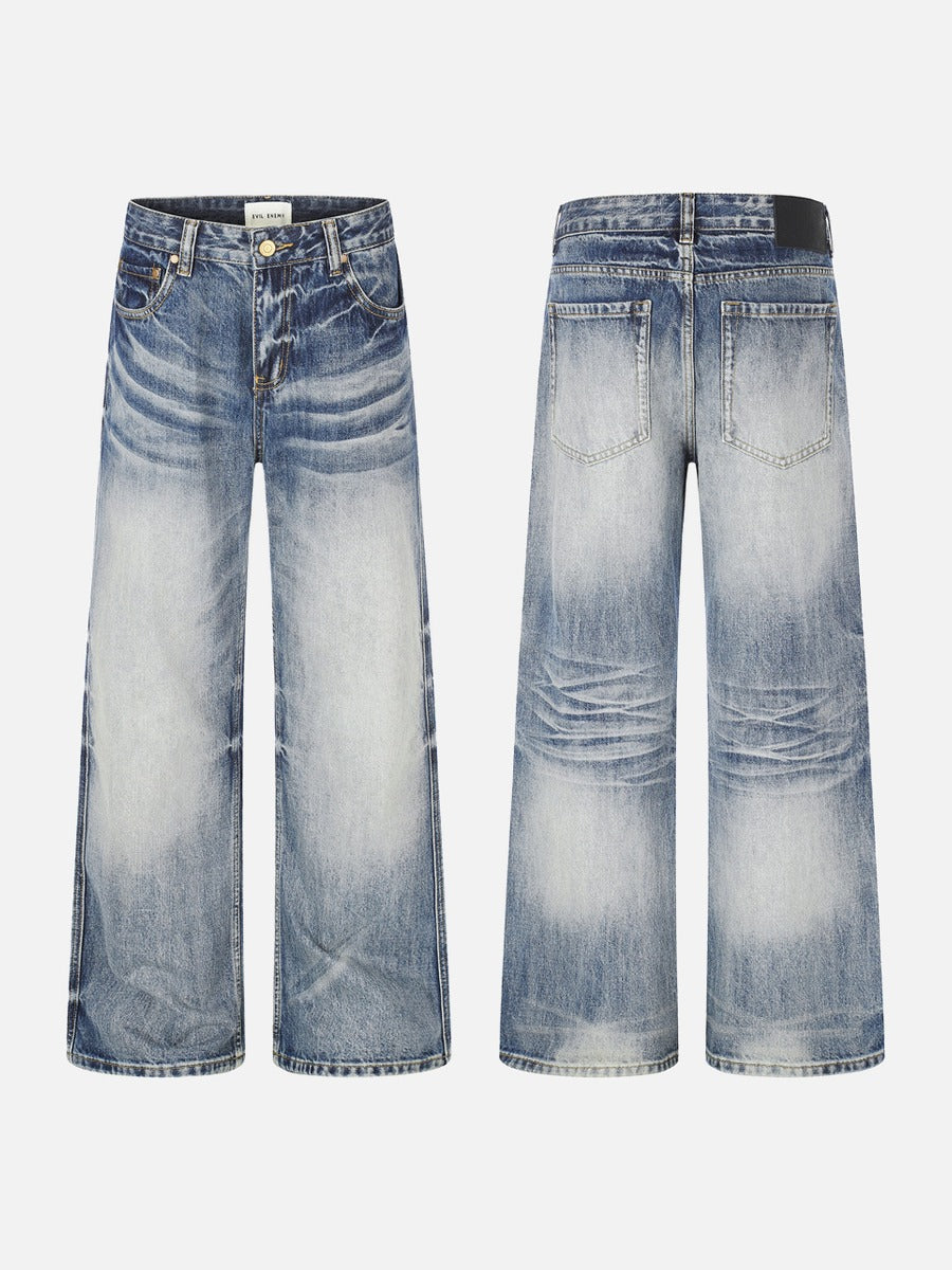 Retro Blue Distressed Wide-Leg Denim Jeans