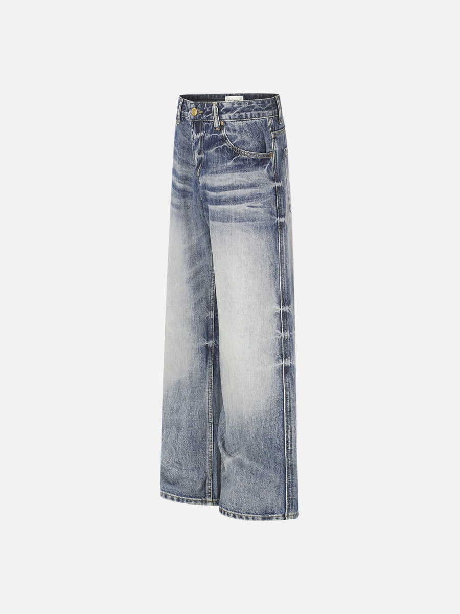 Retro Blue Distressed Wide-Leg Denim Jeans