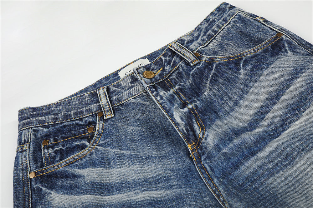 Retro Blue Distressed Wide-Leg Denim Jeans