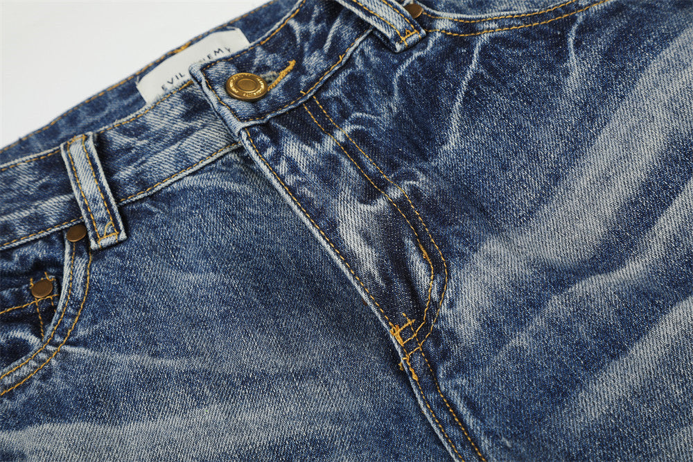 Retro Blue Distressed Wide-Leg Denim Jeans