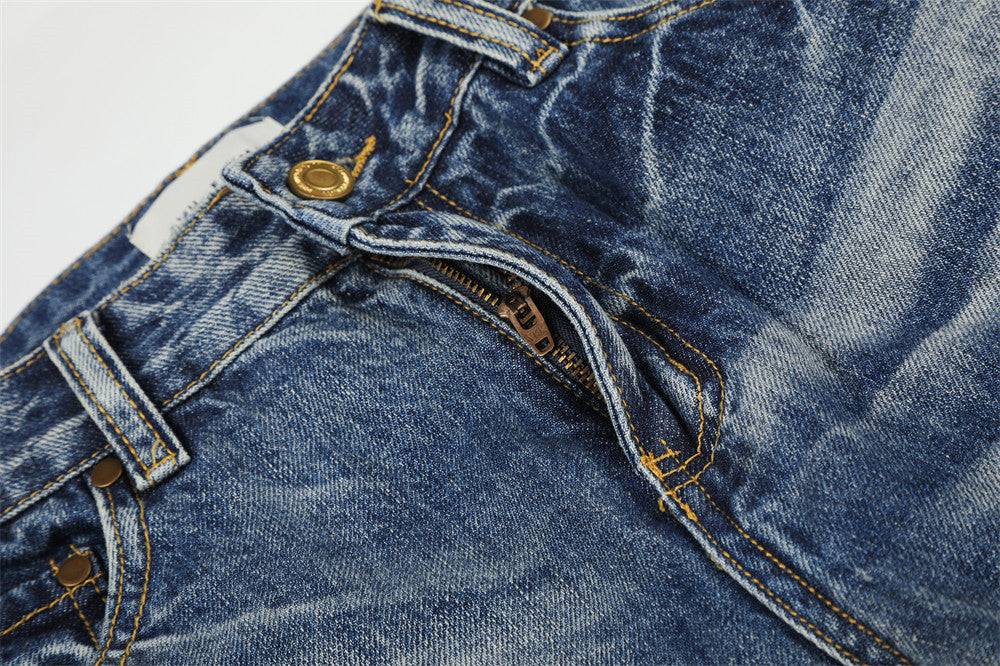 Retro Blue Distressed Wide-Leg Denim Jeans