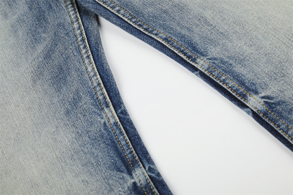 Retro Blue Distressed Wide-Leg Denim Jeans