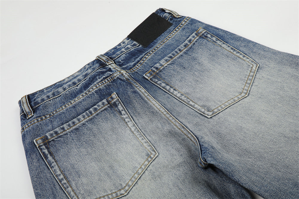 Retro Blue Distressed Wide-Leg Denim Jeans