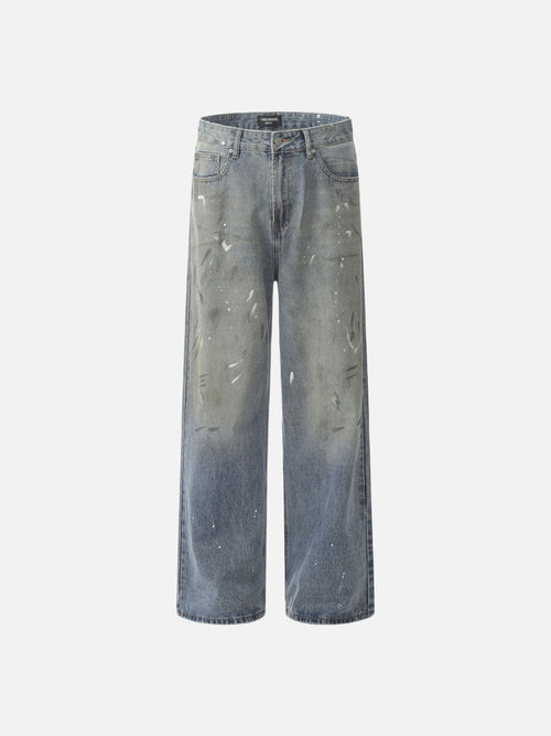 Jeans de pierna ancha azul desgastado con salpicaduras de pintura - Azul retro / S
