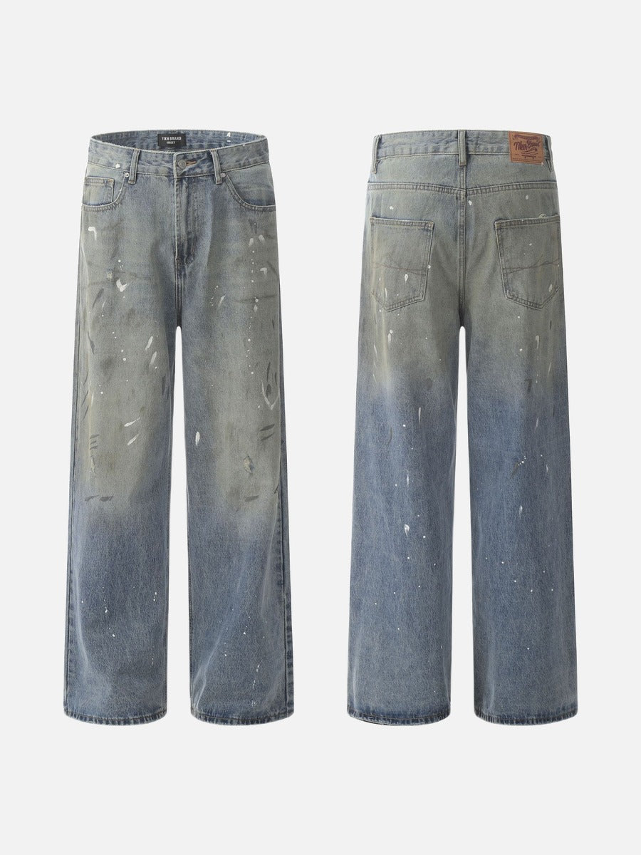 Jean large bleu délavé à éclaboussures de peinture