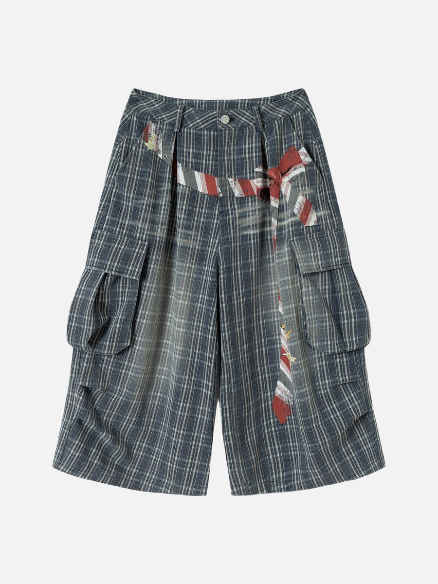 Faded Blue Plaid Wide-Leg Cropped Trousers