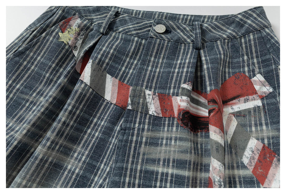 DAXUEN faded blue plaid wide-leg cropped trousers