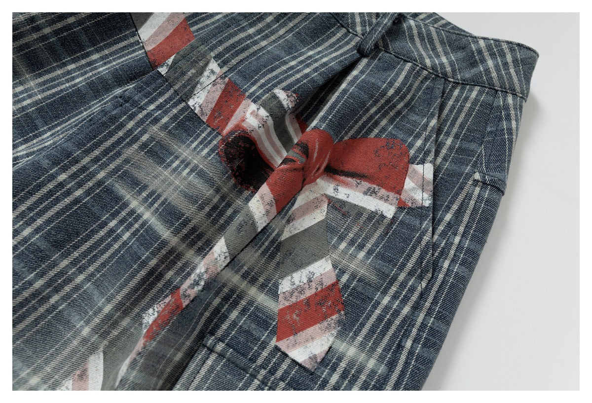 DAXUEN faded blue plaid wide-leg cropped trousers