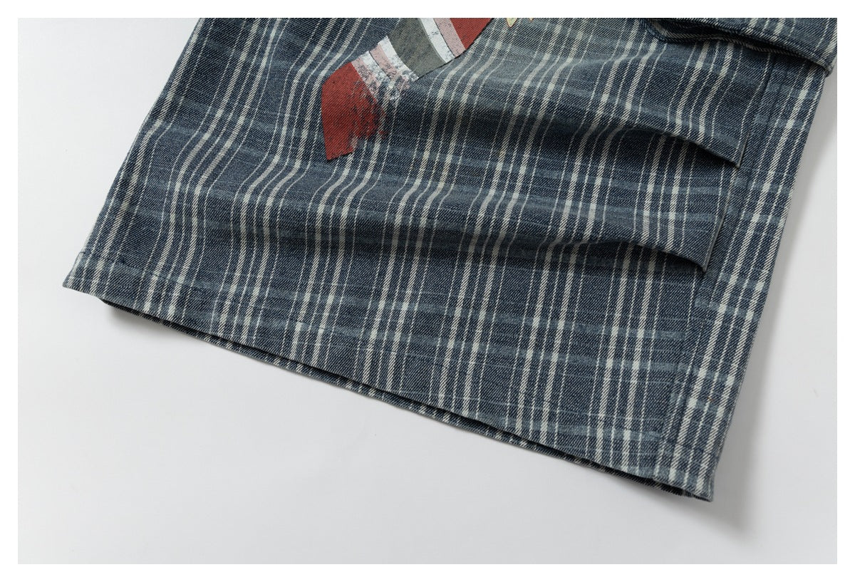DAXUEN faded blue plaid wide-leg cropped trousers