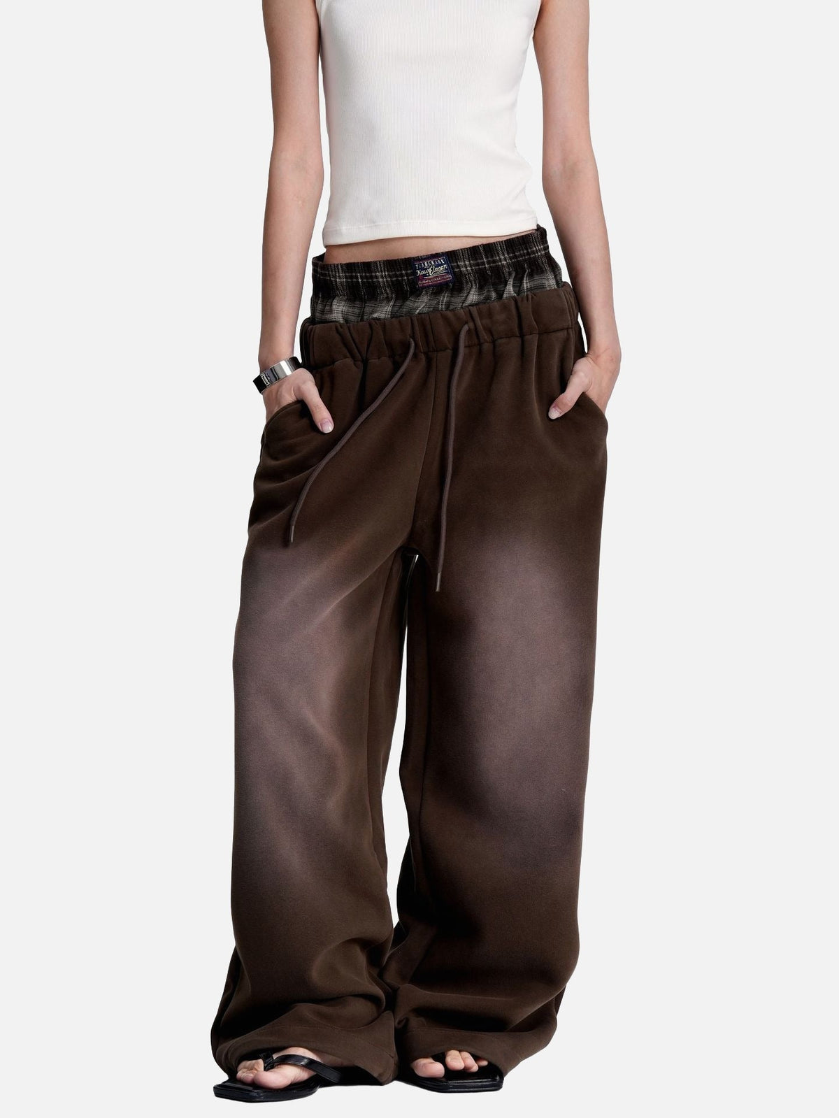 DAXUEN faded brown straight-leg casual pants with plaid waistband