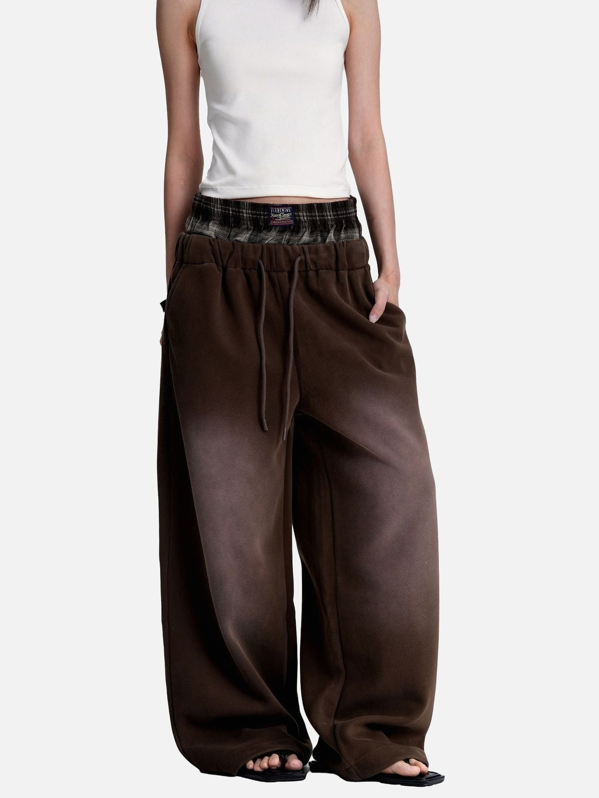 DAXUEN faded brown straight-leg casual pants with plaid waistband
