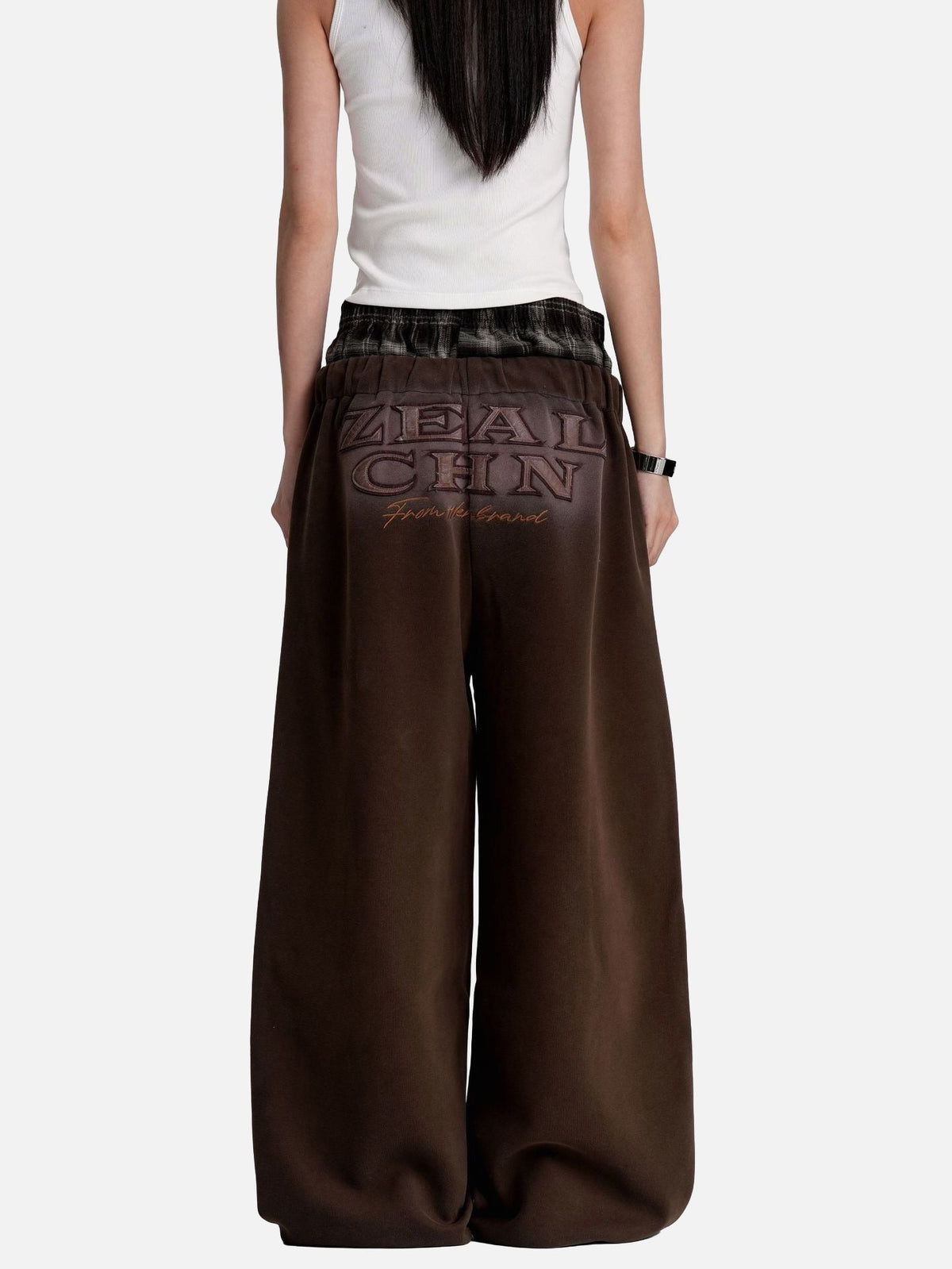 DAXUEN faded brown straight-leg casual pants with plaid waistband