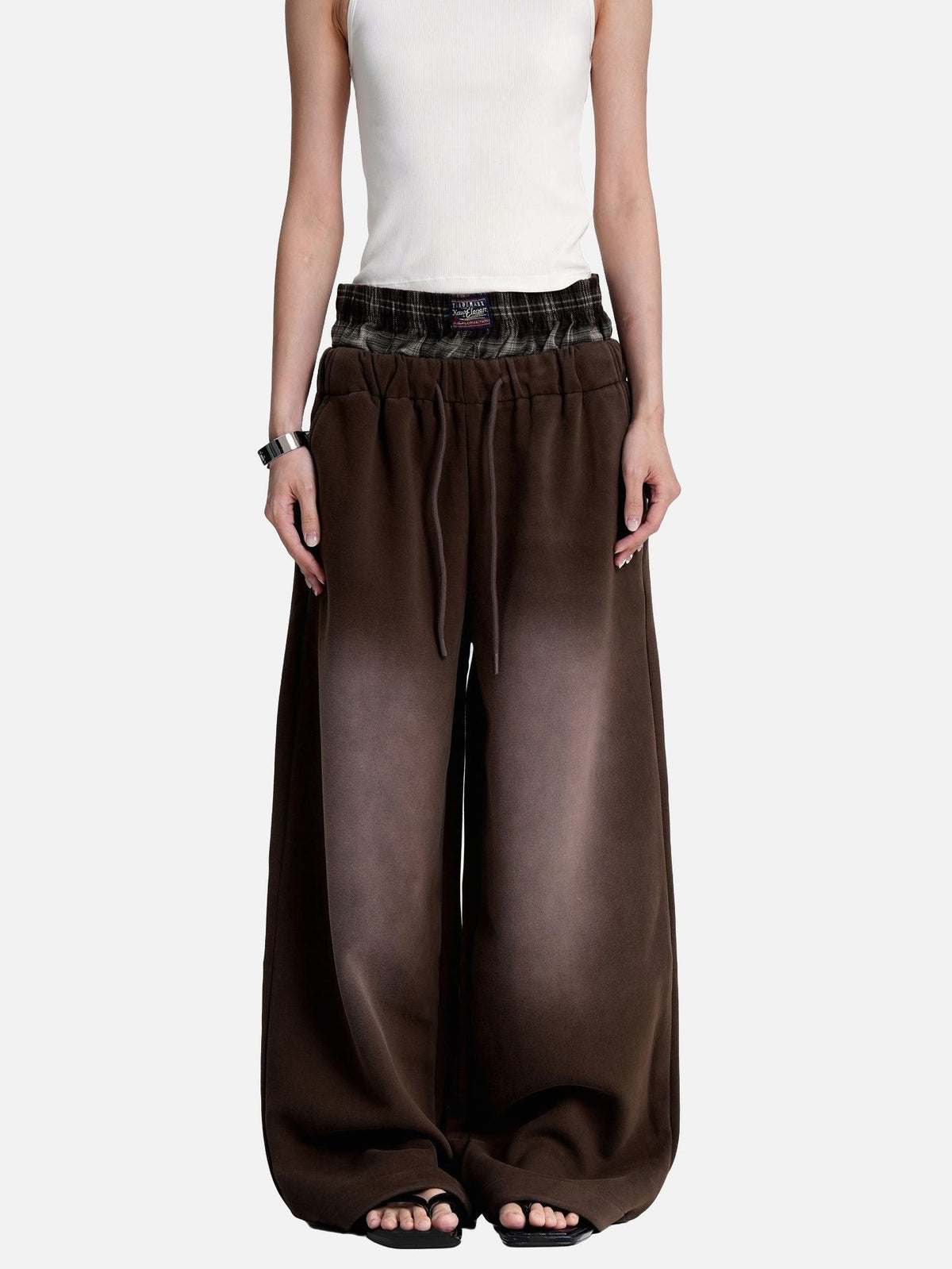 DAXUEN faded brown straight-leg casual pants with plaid waistband