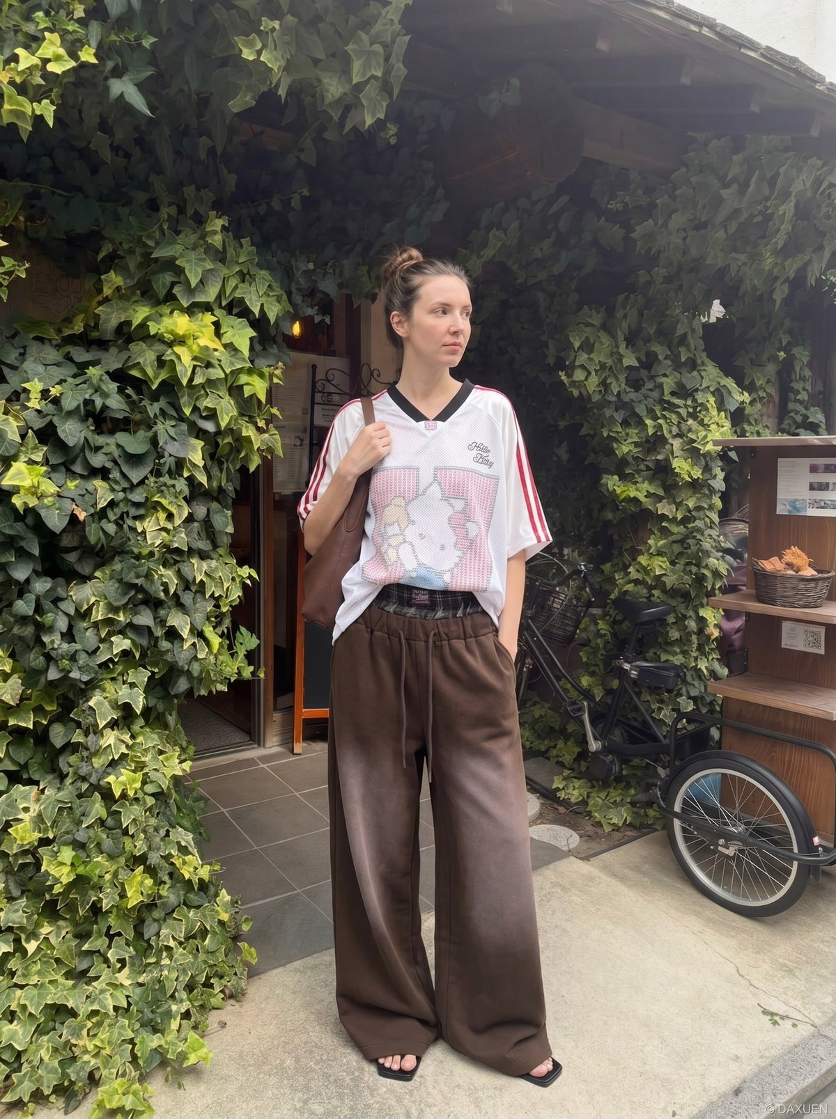 DAXUEN faded brown straight-leg casual pants with plaid waistband — model photo