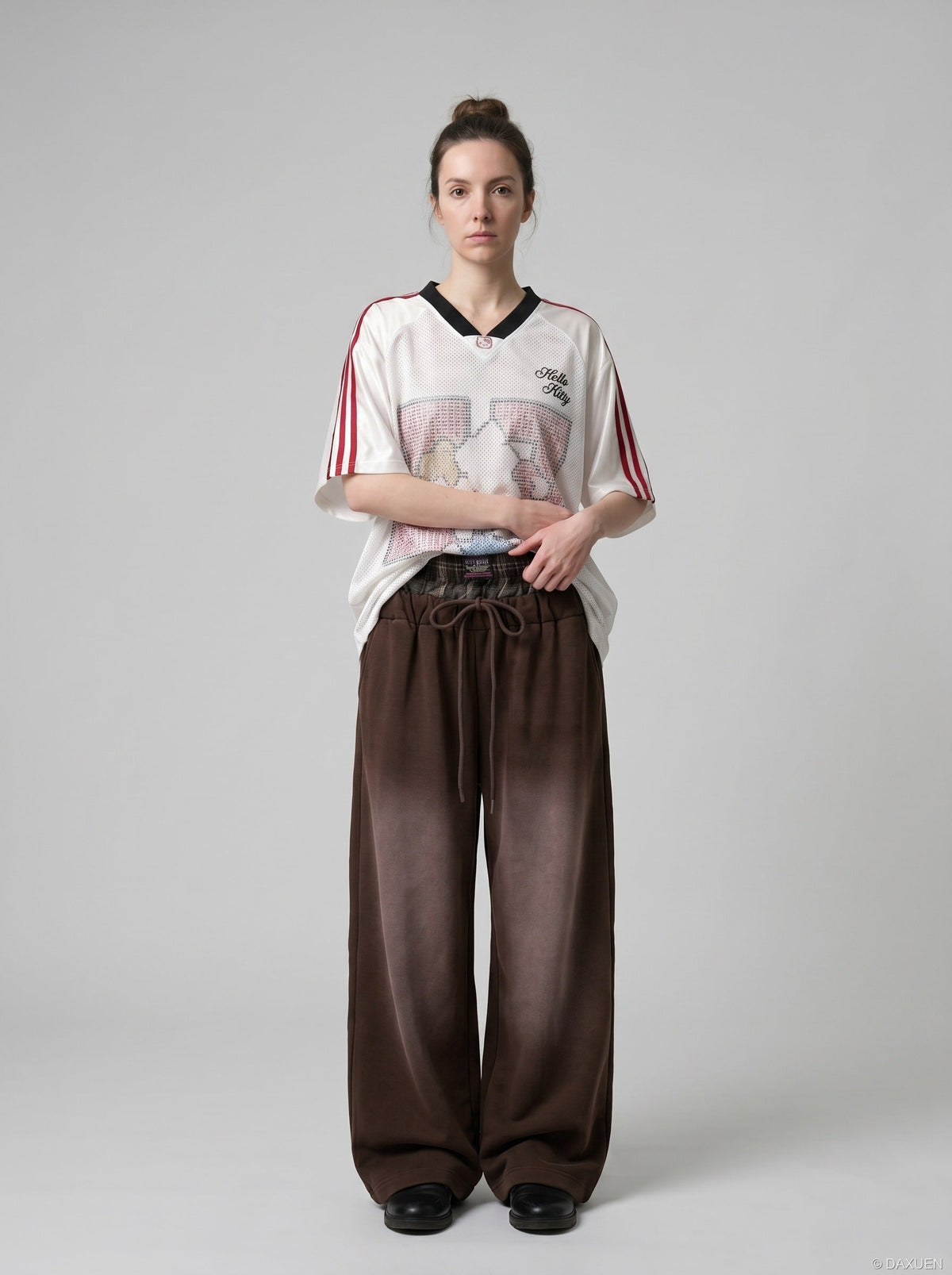 DAXUEN faded brown straight-leg casual pants with plaid waistband — model photo