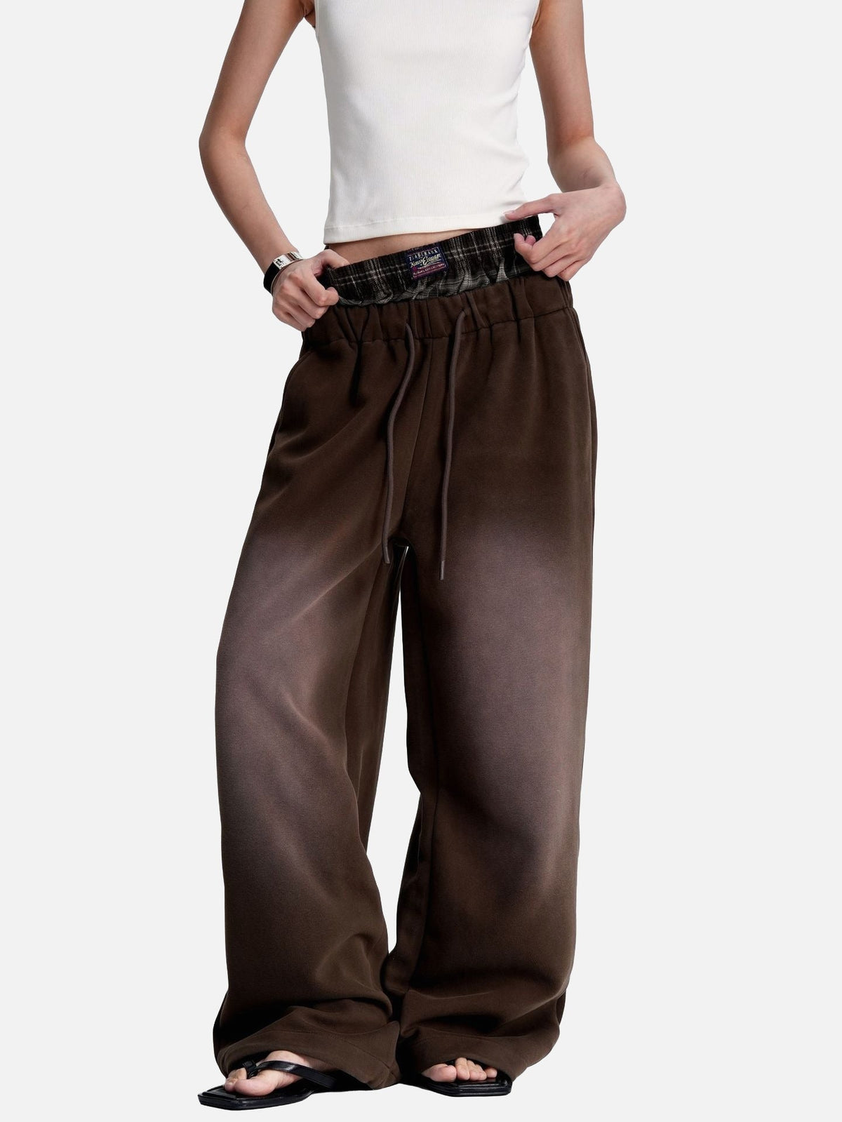 DAXUEN faded brown straight-leg casual pants with plaid waistband