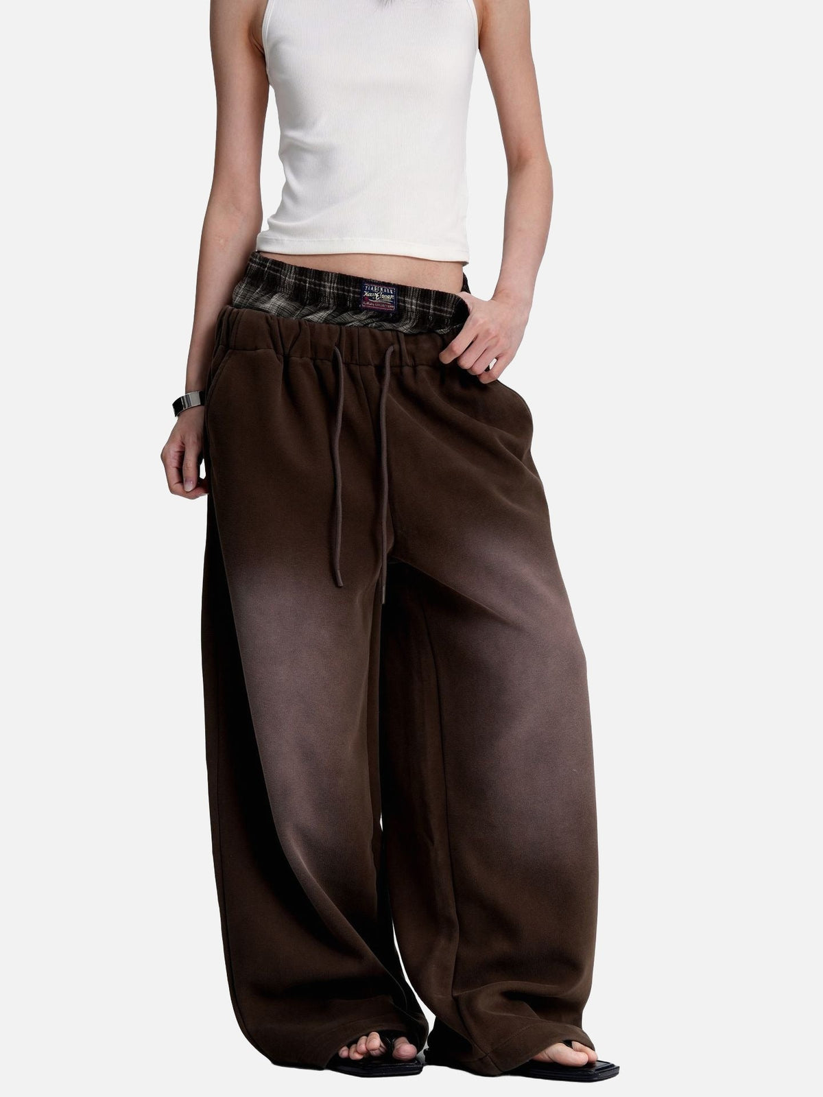 DAXUEN faded brown straight-leg casual pants with plaid waistband