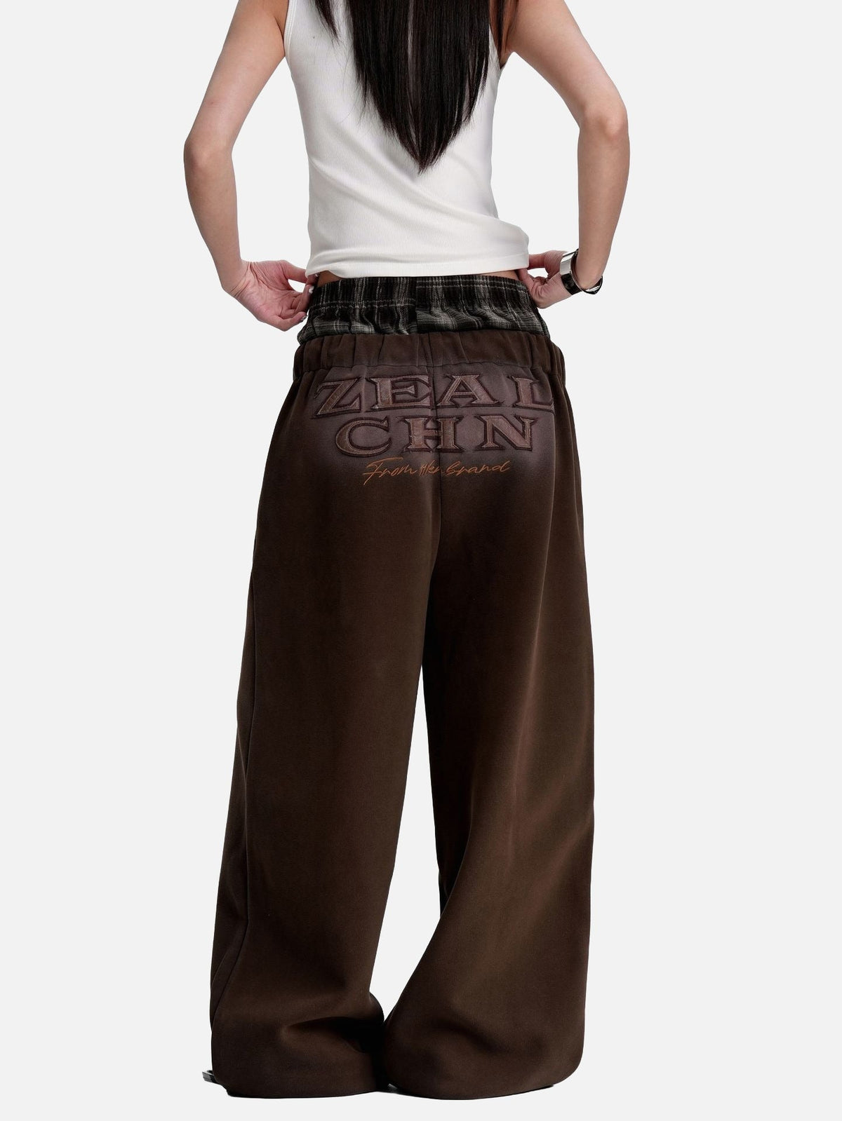 DAXUEN faded brown straight-leg casual pants with plaid waistband