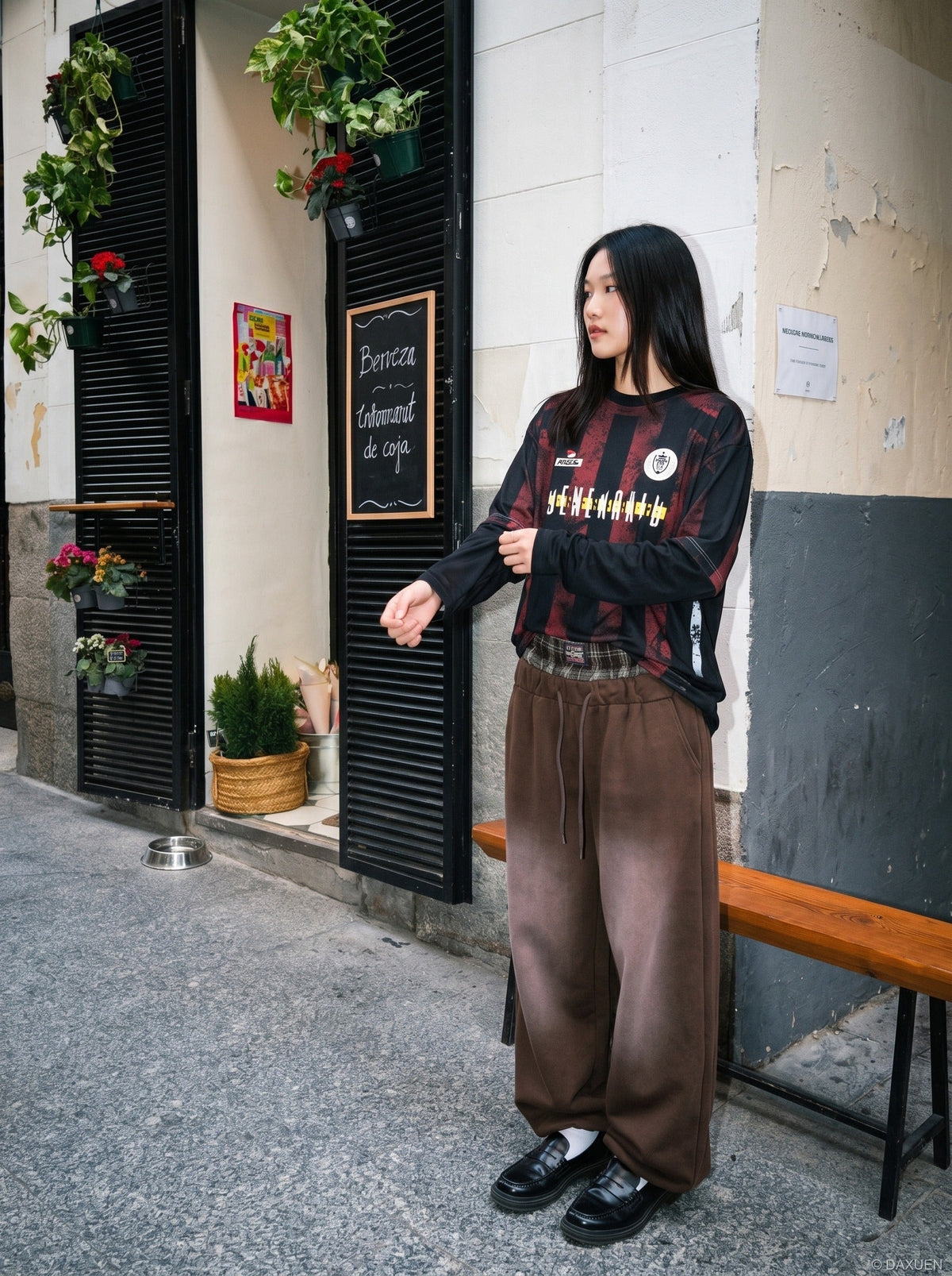 DAXUEN faded brown straight-leg casual pants with plaid waistband — model photo