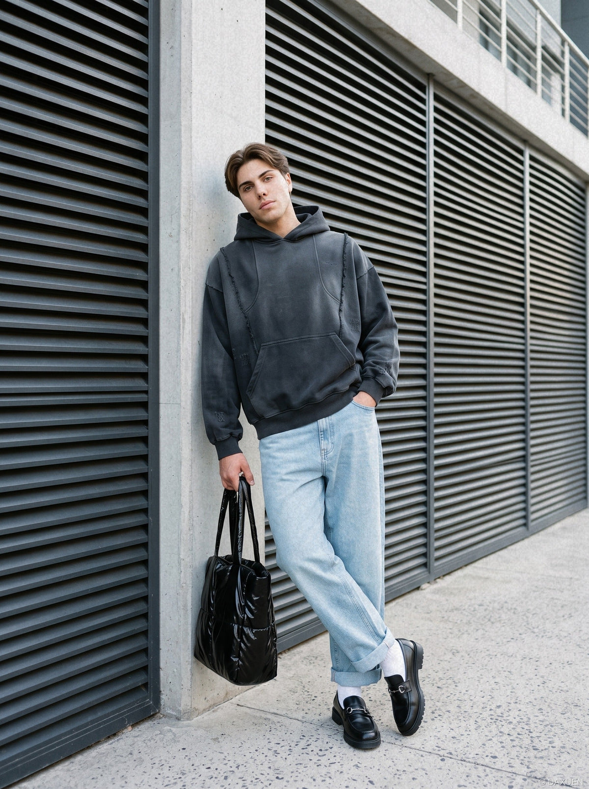 DAXUEN faded dark grey color-blocked oversized hooded sweatshirt — model photo