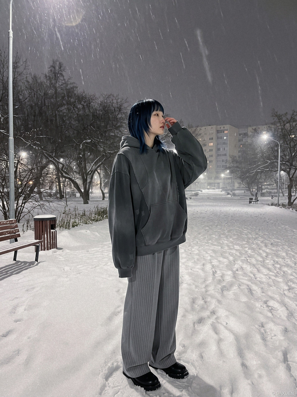 DAXUEN faded dark grey color-blocked oversized hooded sweatshirt — model photo