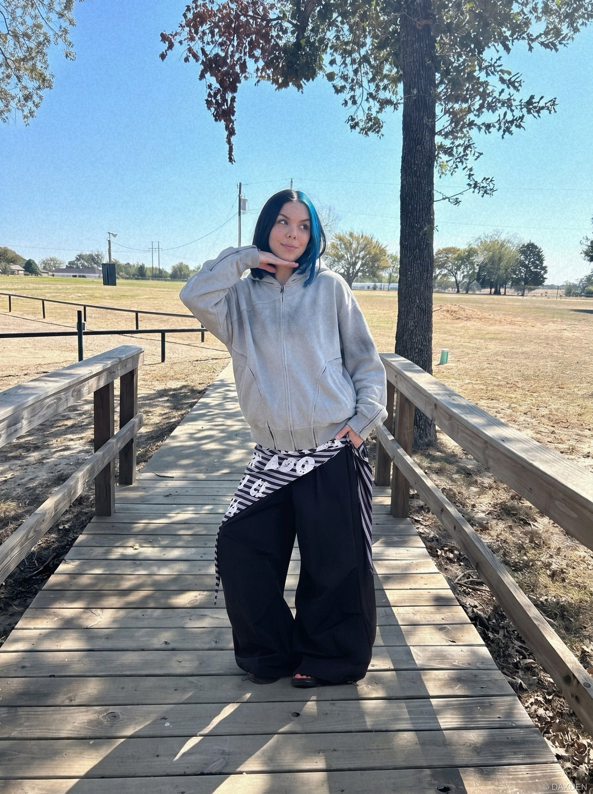 DAXUEN light grey and black faded gradient oversized hooded jacket — model photo