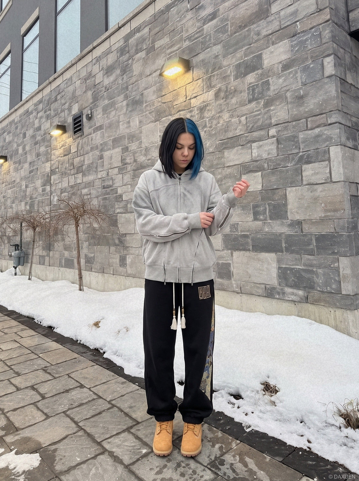 DAXUEN light grey and black faded gradient oversized hooded jacket — model photo