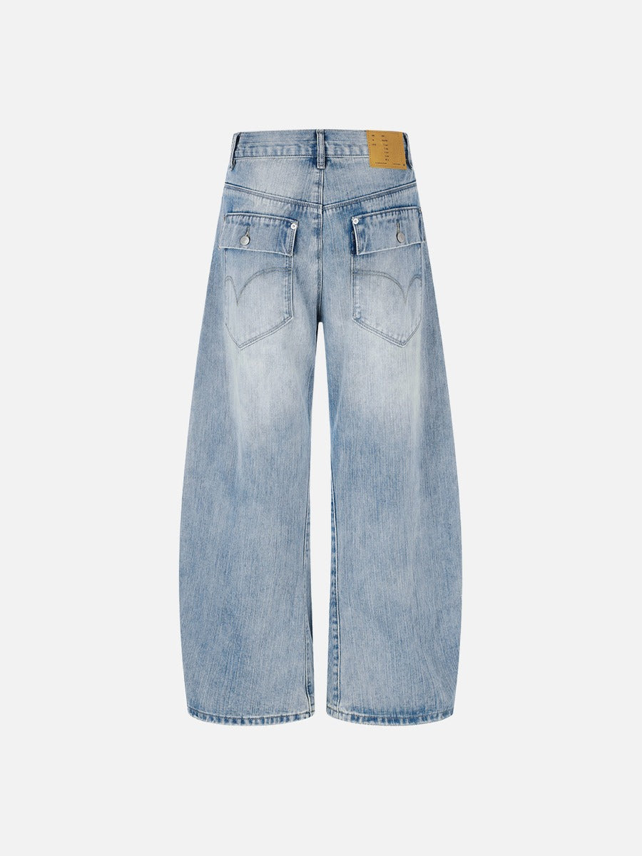 Faded Light Blue Balloon Jeans with Flap Pockets