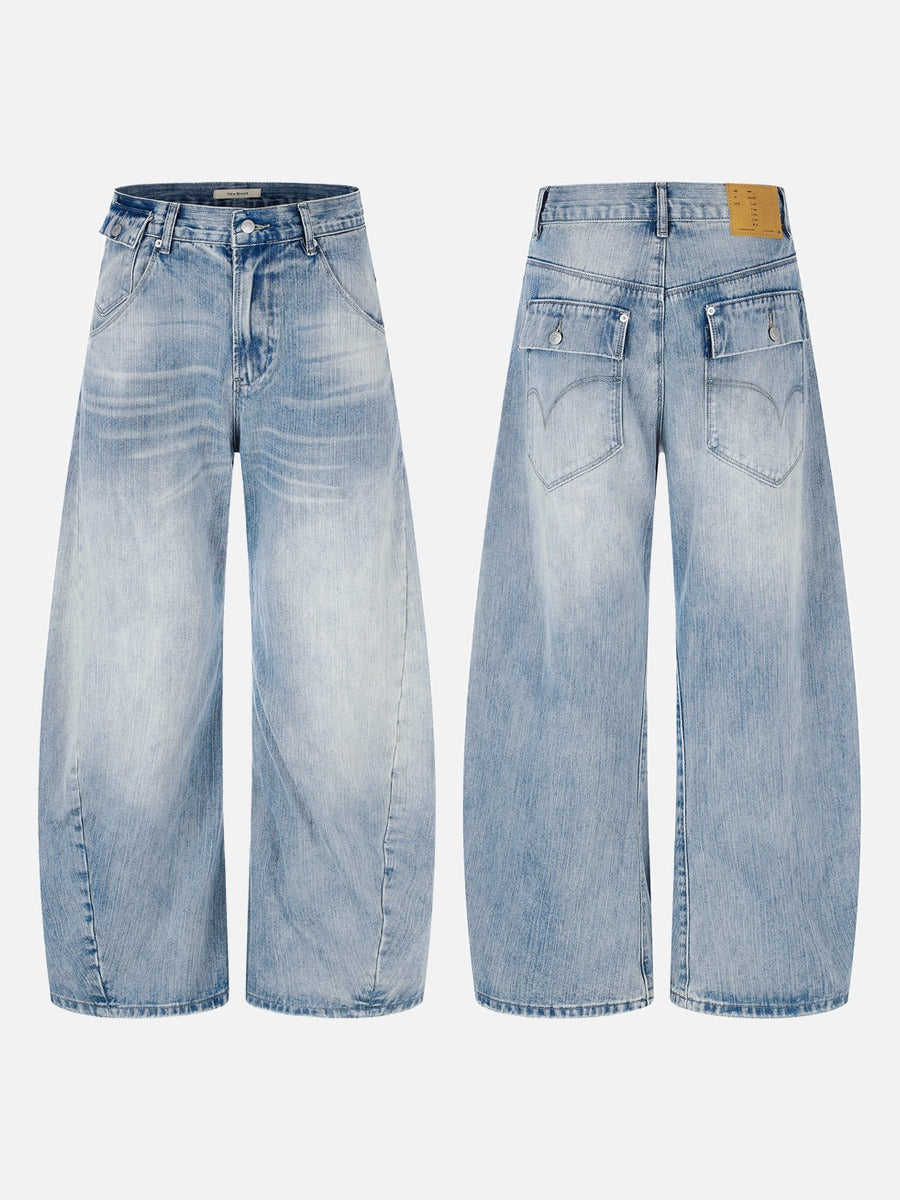 Faded Light Blue Balloon Jeans with Flap Pockets
