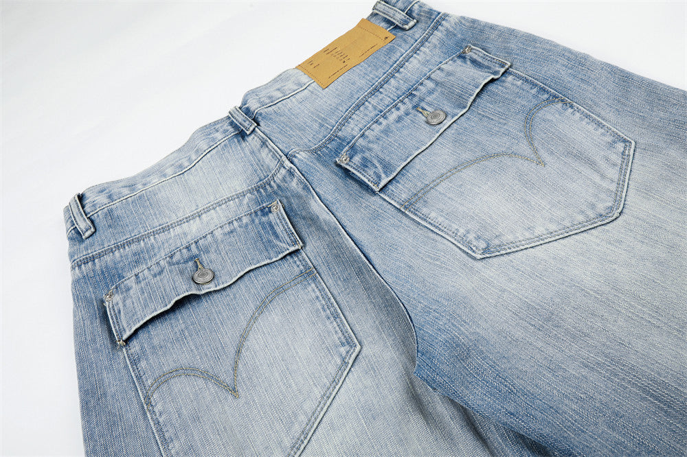 Faded Light Blue Balloon Jeans with Flap Pockets