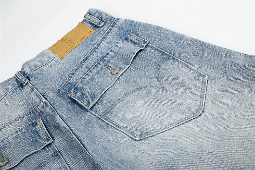 Faded Light Blue Balloon Jeans with Flap Pockets