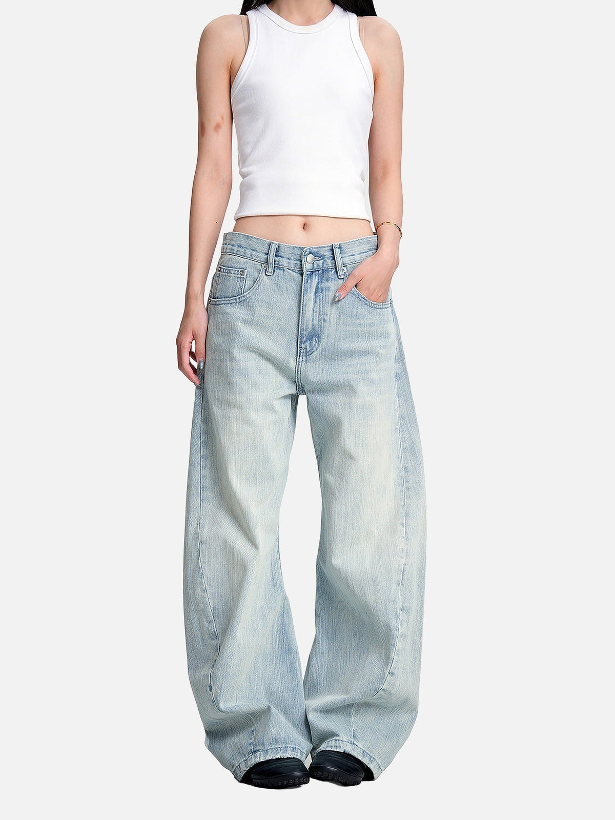 Faded Light Blue Barrel Cut Jeans