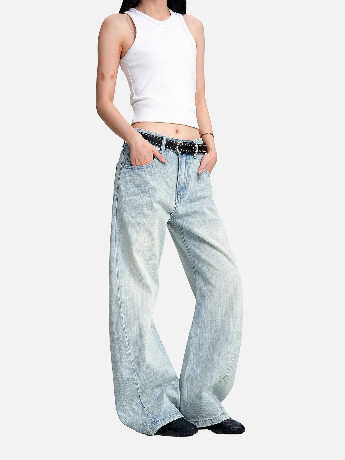 Faded Light Blue Barrel Cut Jeans