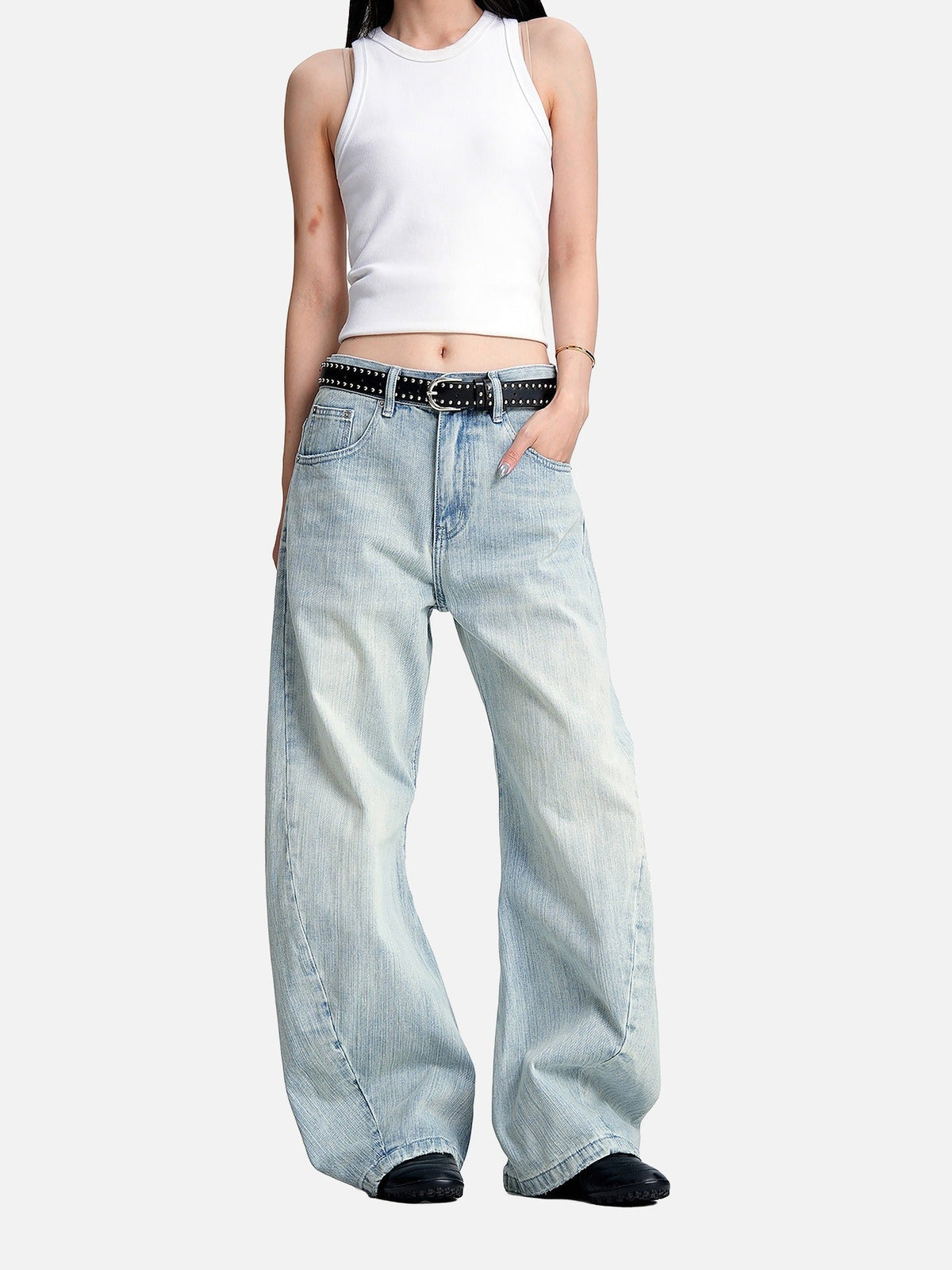 Faded Light Blue Barrel Cut Jeans