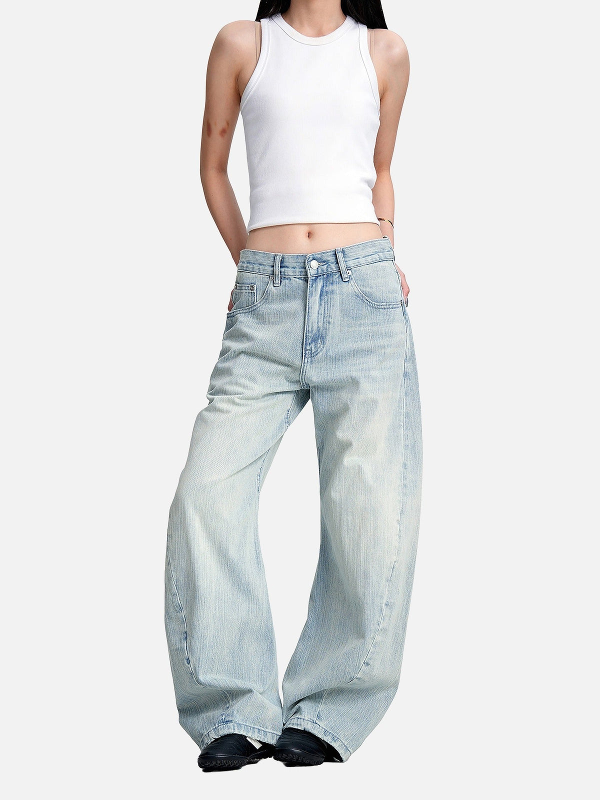 Faded Light Blue Barrel Cut Jeans