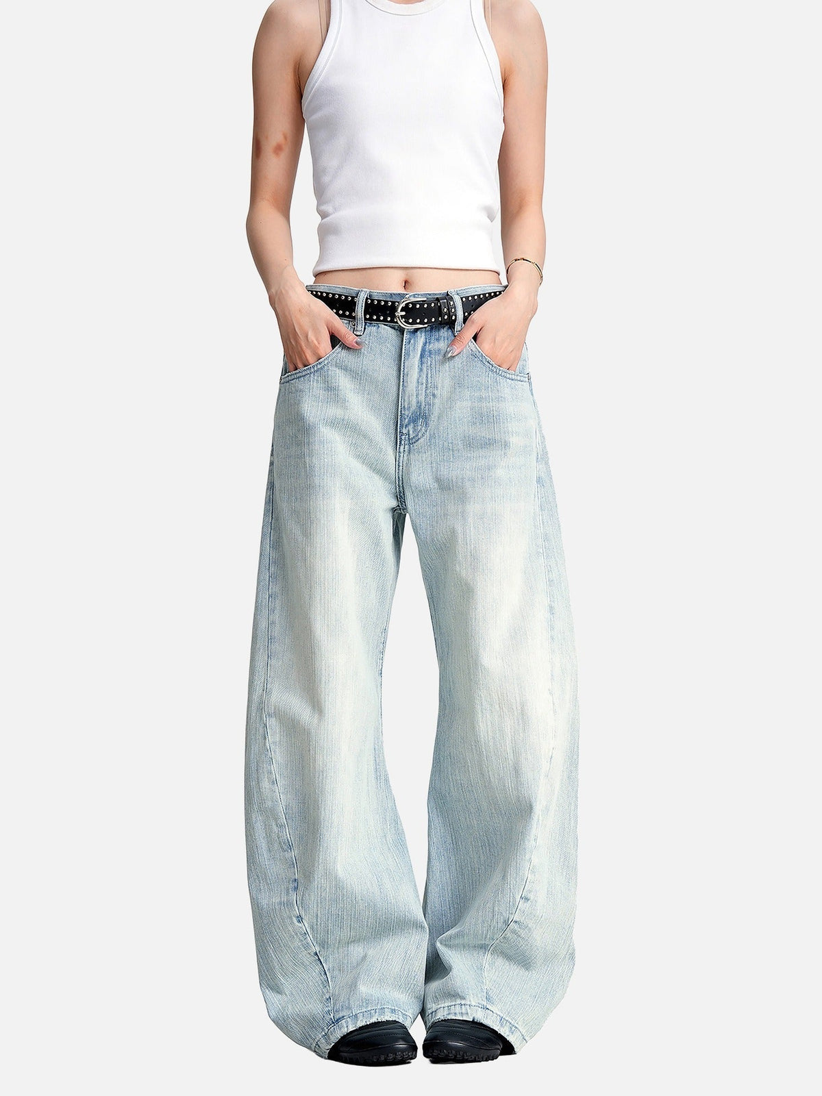 Faded Light Blue Barrel Cut Jeans