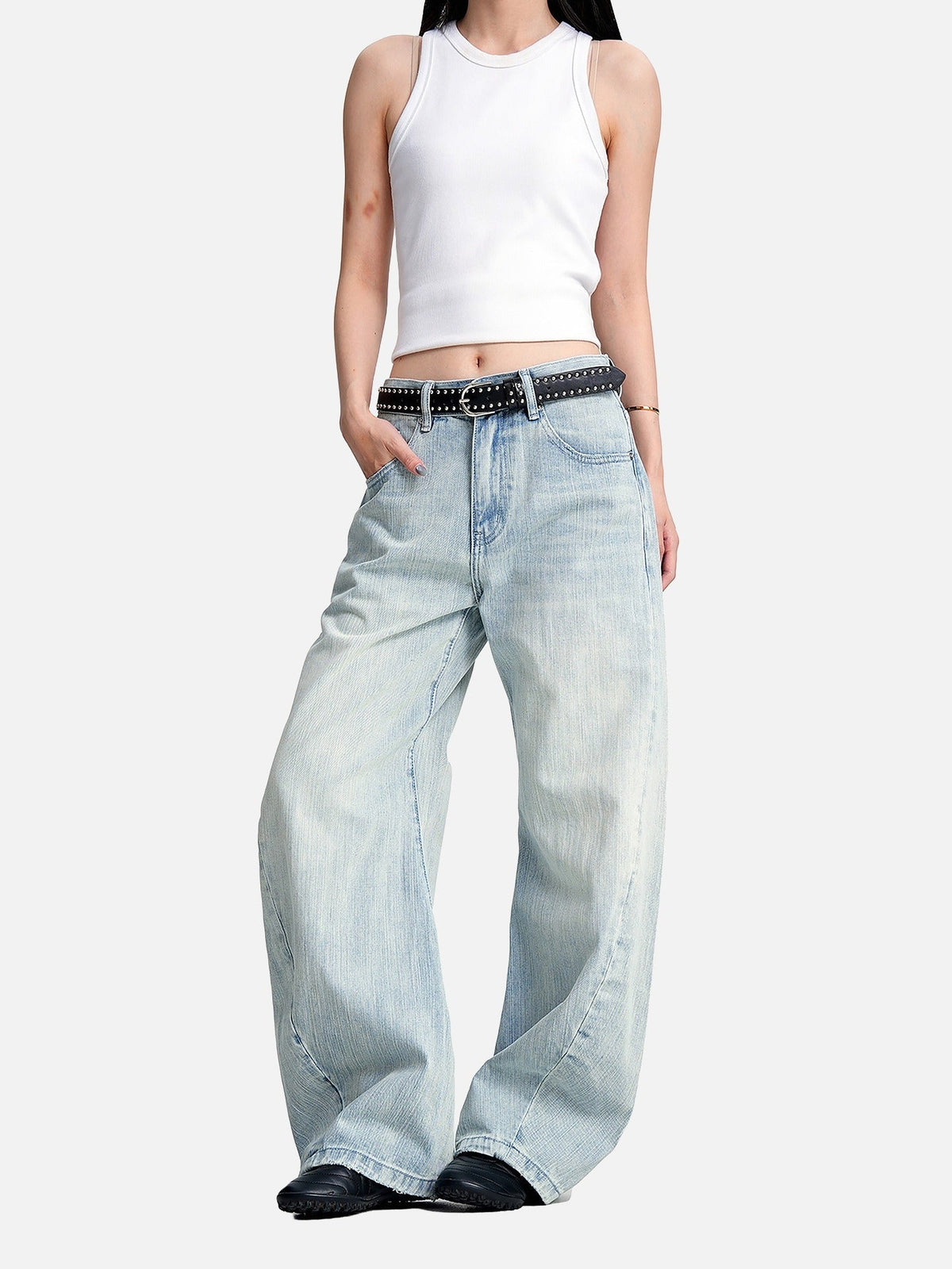 Faded Light Blue Barrel Cut Jeans