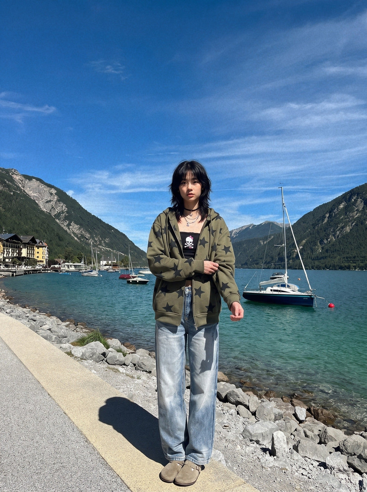 DAXUEN light blue distressed wide-leg jeans — model photo