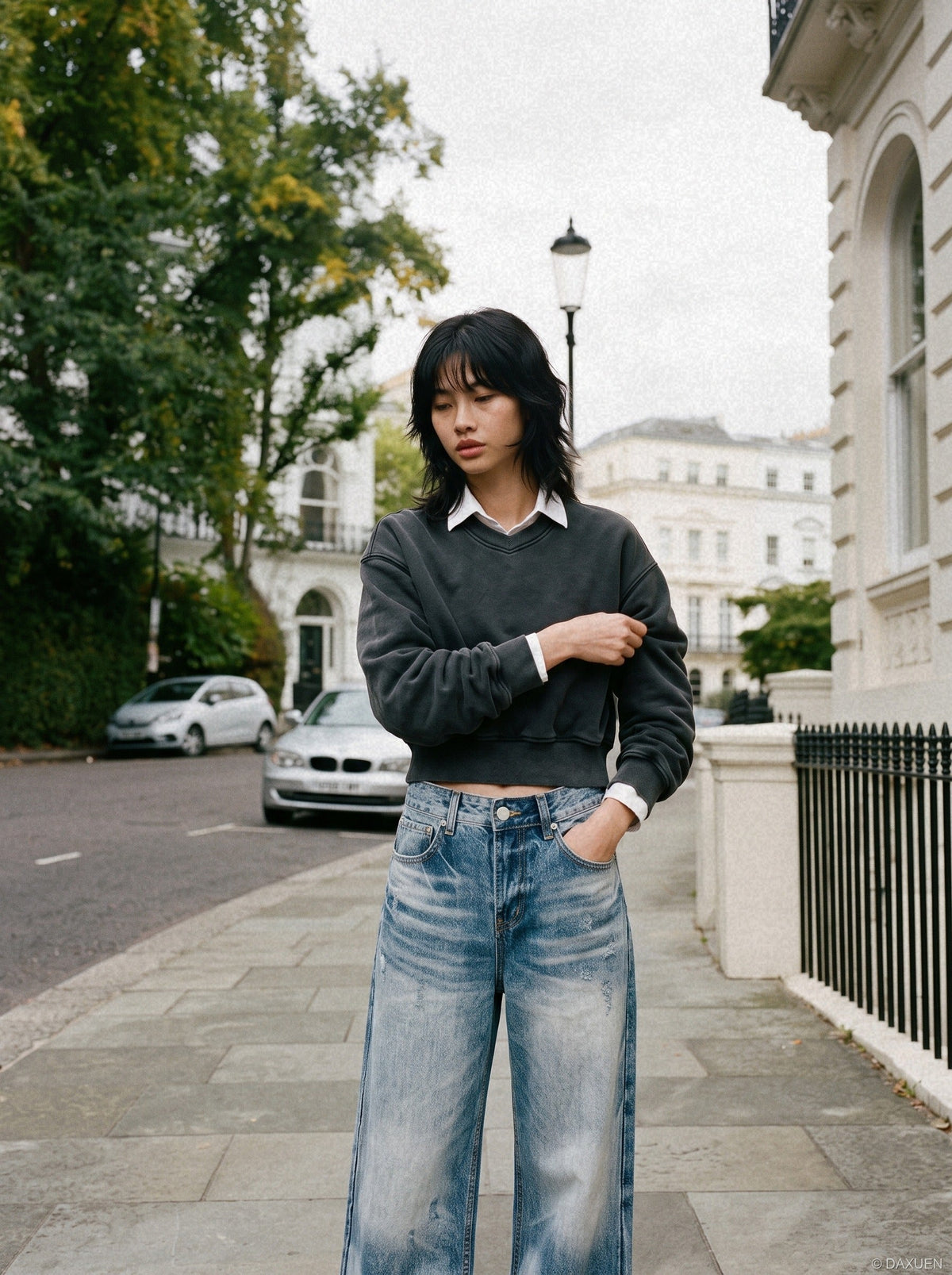 DAXUEN light blue distressed wide-leg jeans — model photo