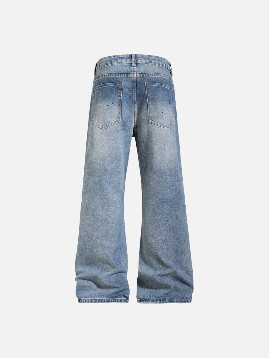 Faded Light Blue Paint-Splatter Wide-Leg Jeans