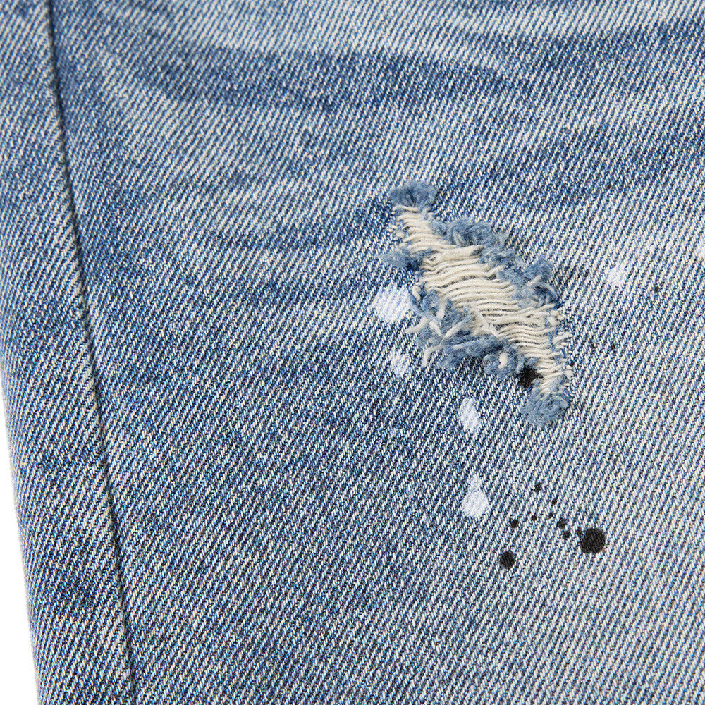 Faded Light Blue Paint-Splatter Wide-Leg Jeans