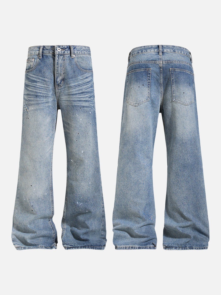 Faded Light Blue Paint-Splatter Wide-Leg Jeans