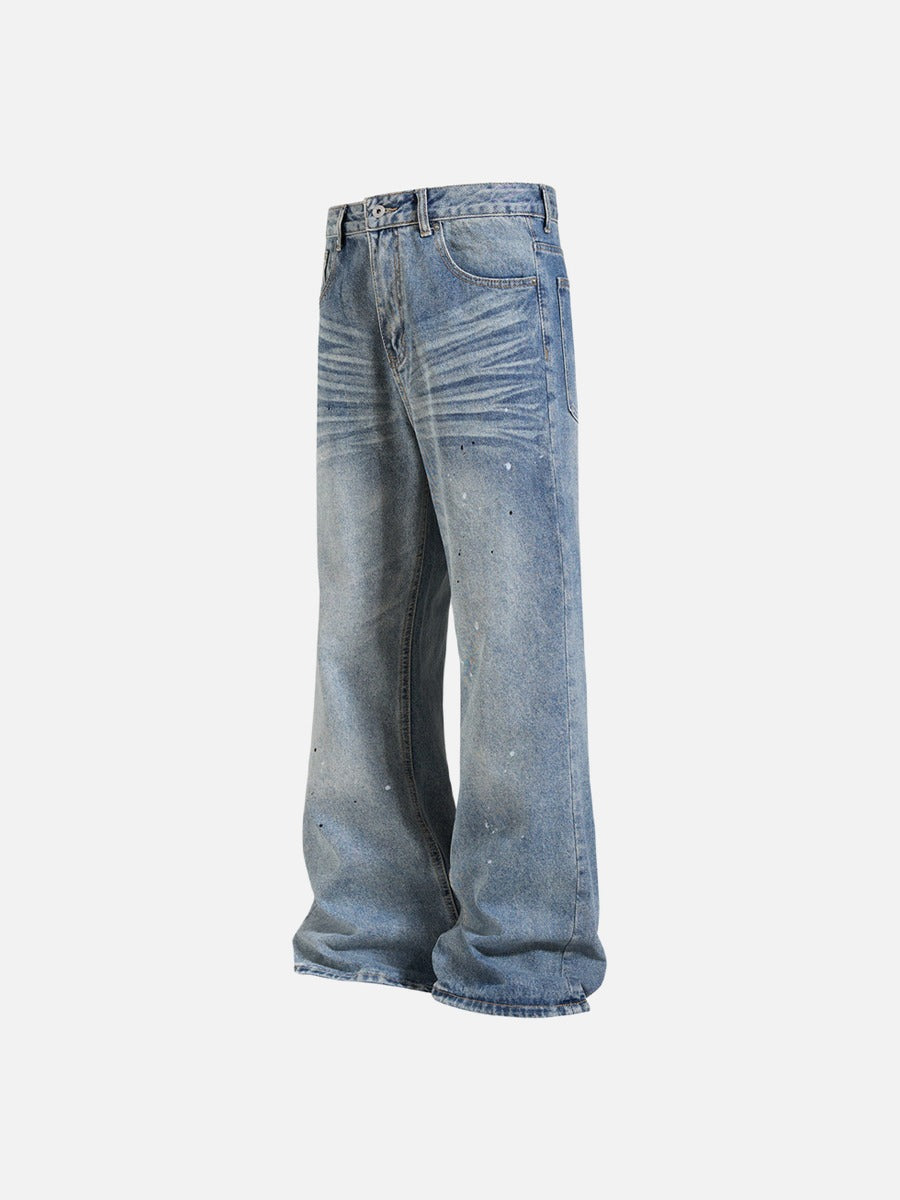 Faded Light Blue Paint-Splatter Wide-Leg Jeans
