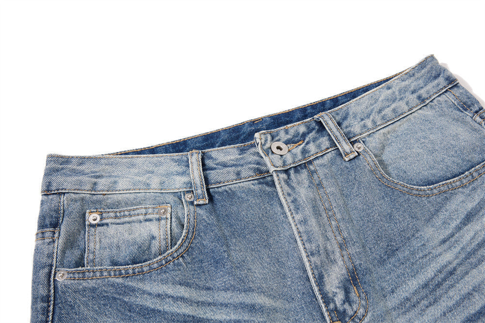 Faded Light Blue Paint-Splatter Wide-Leg Jeans