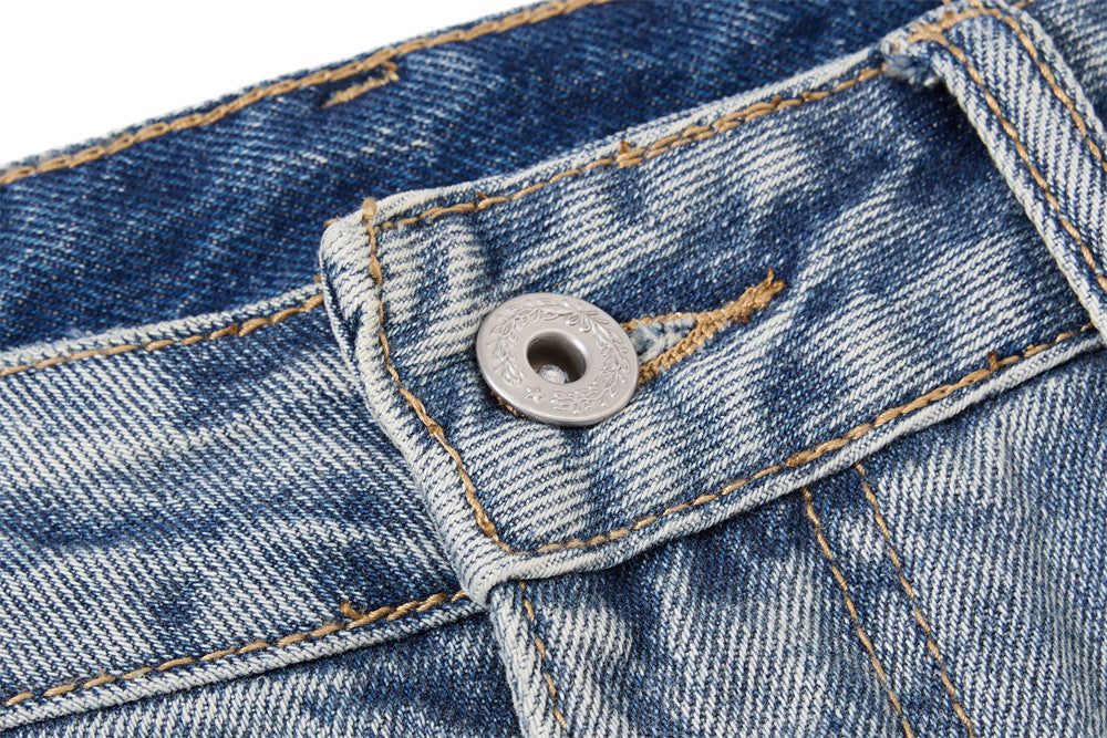 Faded Light Blue Paint-Splatter Wide-Leg Jeans
