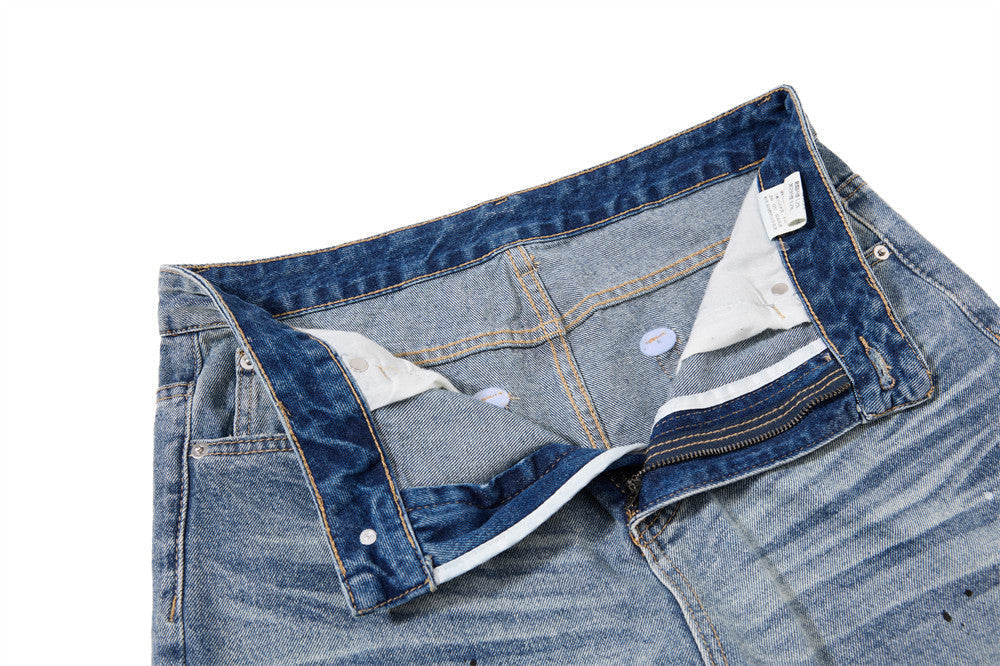 Faded Light Blue Paint-Splatter Wide-Leg Jeans
