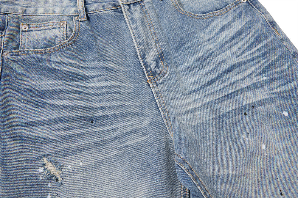 Faded Light Blue Paint-Splatter Wide-Leg Jeans