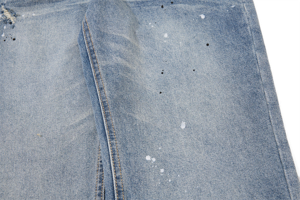 Faded Light Blue Paint-Splatter Wide-Leg Jeans